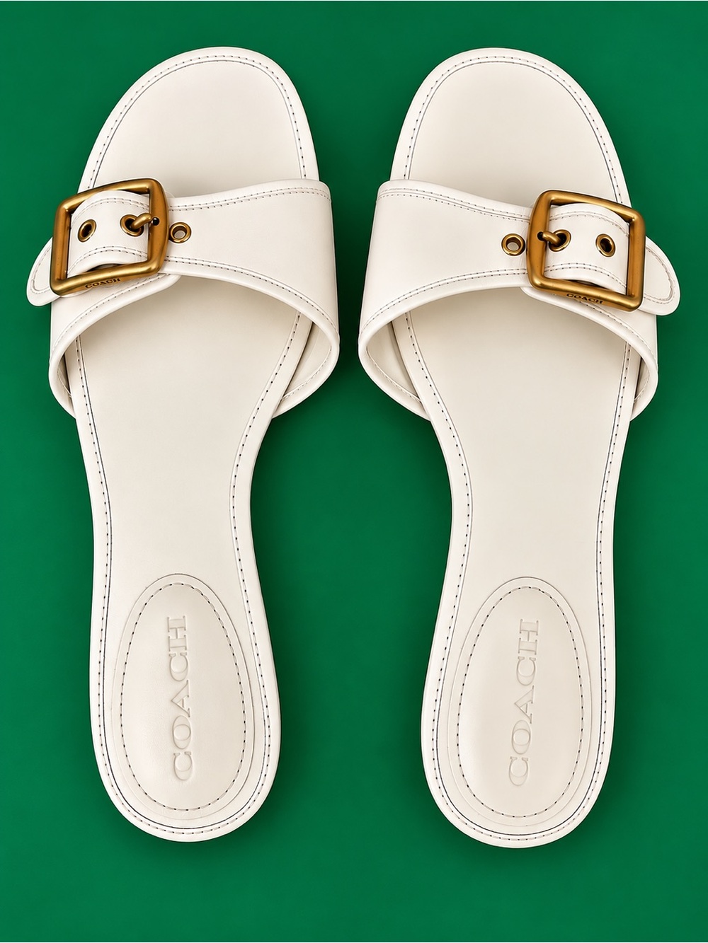 COACH Margot Slip On Flat Sandals Chalk White/Gold Buckle